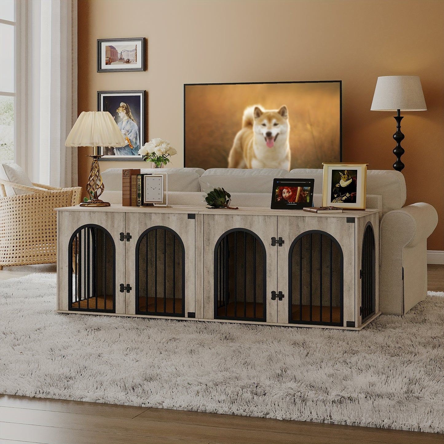 Dog Crate Furniture, 71" Heavy Duty Dog Kennels With Divider, Pads, Side Table, TV Cabinet, Wooden Dog Crate Furniture For 2 Dogs, Small/Medium/Large Dog, Anti-Chew, Anti-Escape Black Gold/Greige/White/White Brown