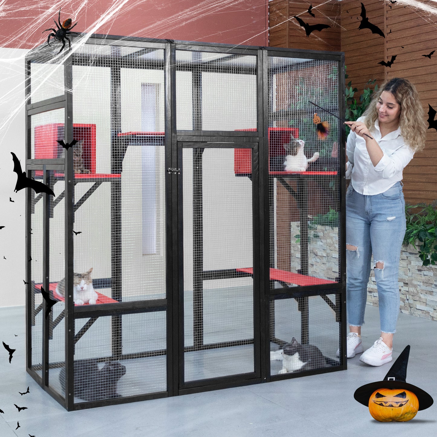 71Inches Large Cat House Outdoor&Indoor Catio - Cat Play & Run Enclosures Indoor Kitty Window Cage with Waterproof Roof, 7 Platforms & 2 Resting Box, UV Resistant Orange/Grey/Gothic