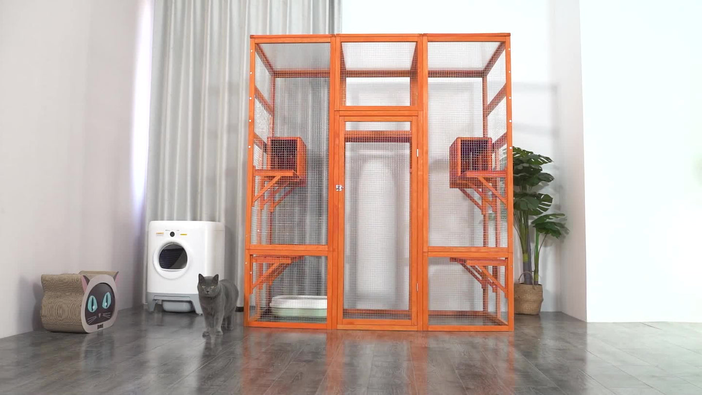 71Inches Large Cat House Outdoor&Indoor Catio - Cat Play & Run Enclosures Indoor Kitty Window Cage with Waterproof Roof, 7 Platforms & 2 Resting Box, UV Resistant Orange/Grey/Gothic