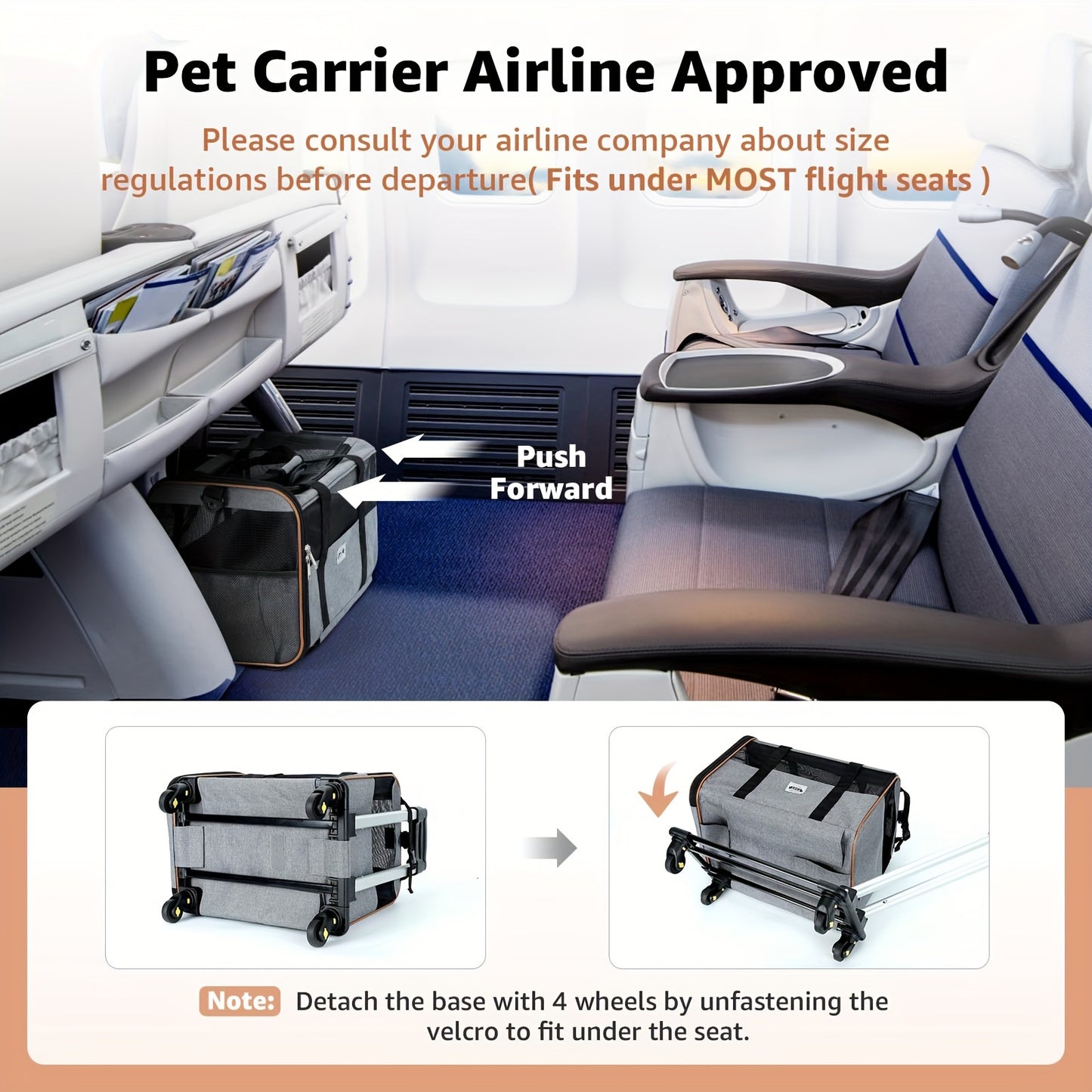 Pet Travel Carrier - Expandable, Airline Approved, Under Seat Compatible, Detachable Wheels, Adjustable Handle, Polyester Dog & Cat Carrier for Easy Travel