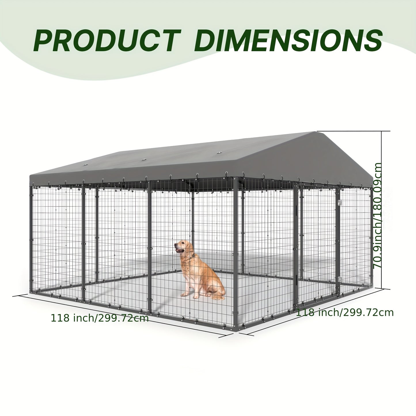 Large Outdoor Dog Kennel, Heavy Duty Dog Cage With Roof, Steel Dog Kennel With Waterproof UV-Resistant Cover And Double Safety Locks, W 118" X D 118" X H 70.9"