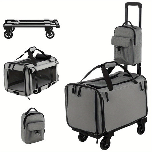 Luxury Rolling Pet Carrier - Spacious Large Cat Dog Carrier with Wheels, Telescopic Handle, and Grey Finish - Perfect for Travel and Outdoor Adventures