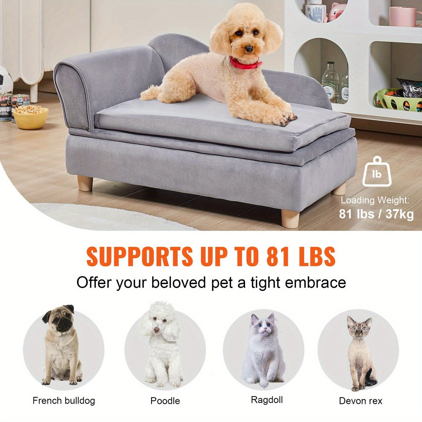 Pet Sofa, Dog Couch for Medium-Sized Dogs and Cats, Soft Velvety Dog Sofa Bed, 81 lbs Loading Cat Sofa, Grey