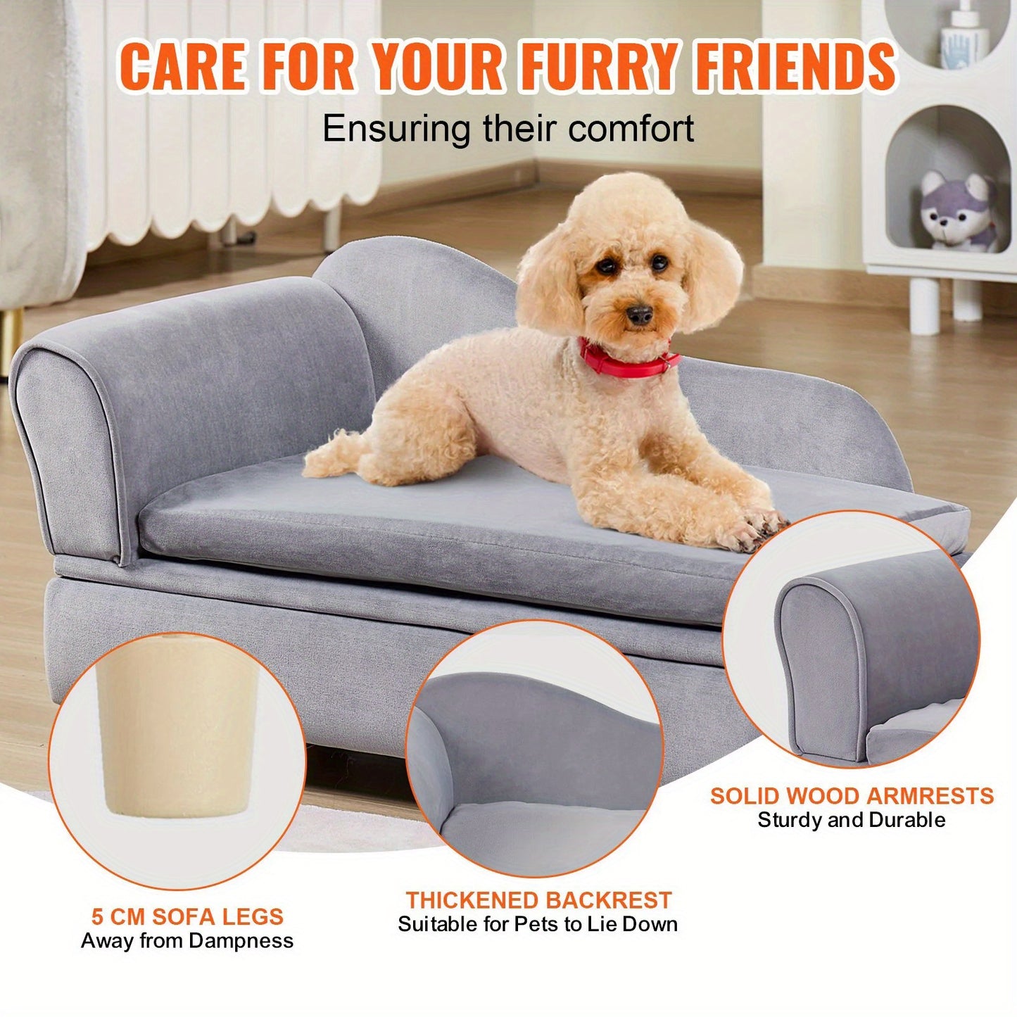 Pet Sofa, Dog Couch for Medium-Sized Dogs and Cats, Soft Velvety Dog Sofa Bed, 81 lbs Loading Cat Sofa, Grey