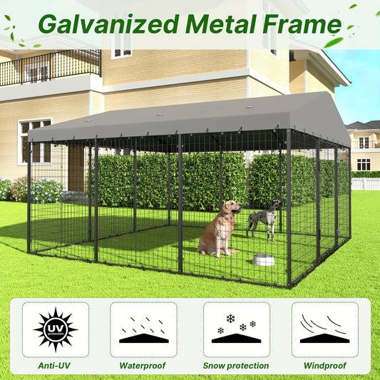 Large Outdoor Dog Kennel, Heavy Duty Dog Cage With Roof, Steel Dog Kennel With Waterproof UV-Resistant Cover And Double Safety Locks, W 118" X D 118" X H 70.9"