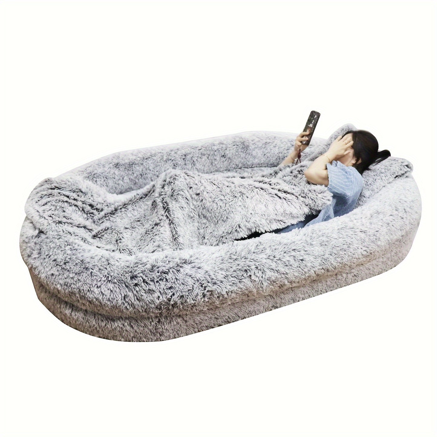 Luxurious Giant Dog Bed for Humans - Soft, Washable, Faux Fur Cover, Plush Blanket, and Pillow - Perfect for Families, Large, Gray, and Cozy