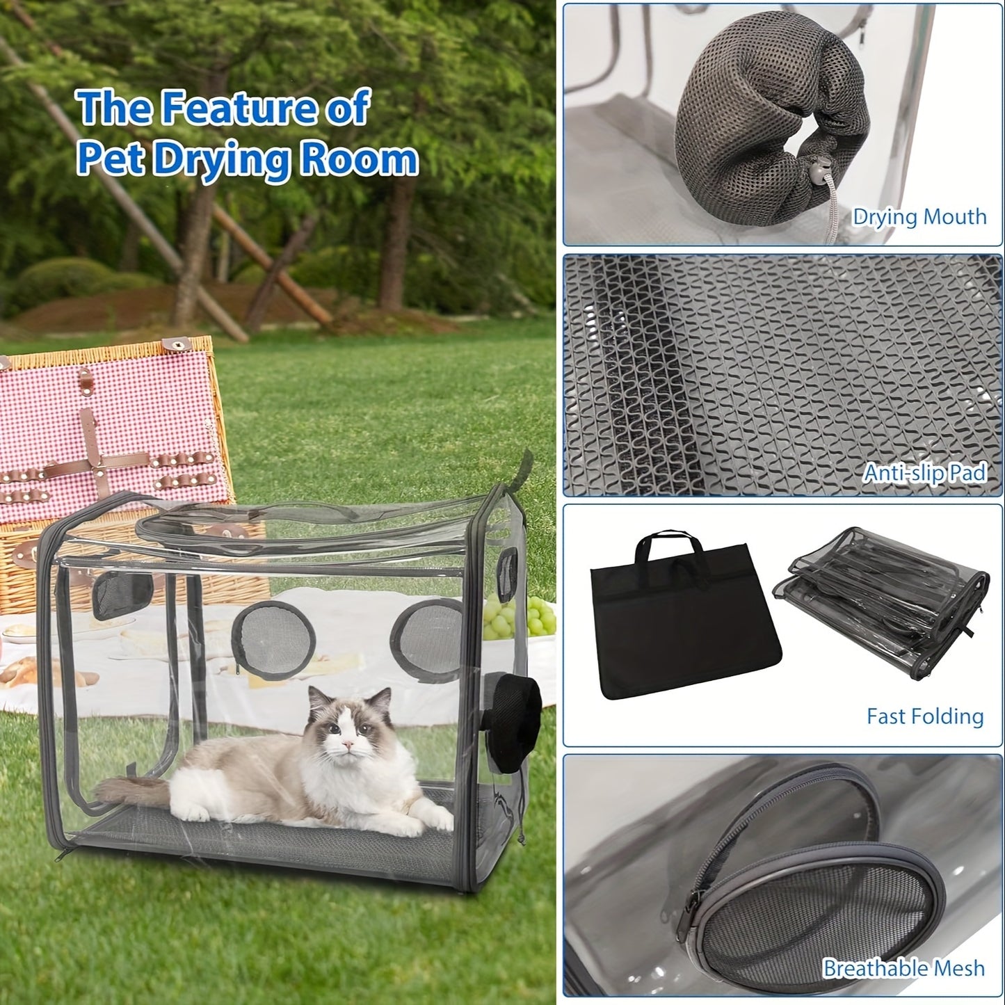 Pet Drying Box, Portable Cat Dryer Box, Foldable Pet Dryer Cage With Transparent PVC Material, Hands-Free, Dog Hair Drying Box