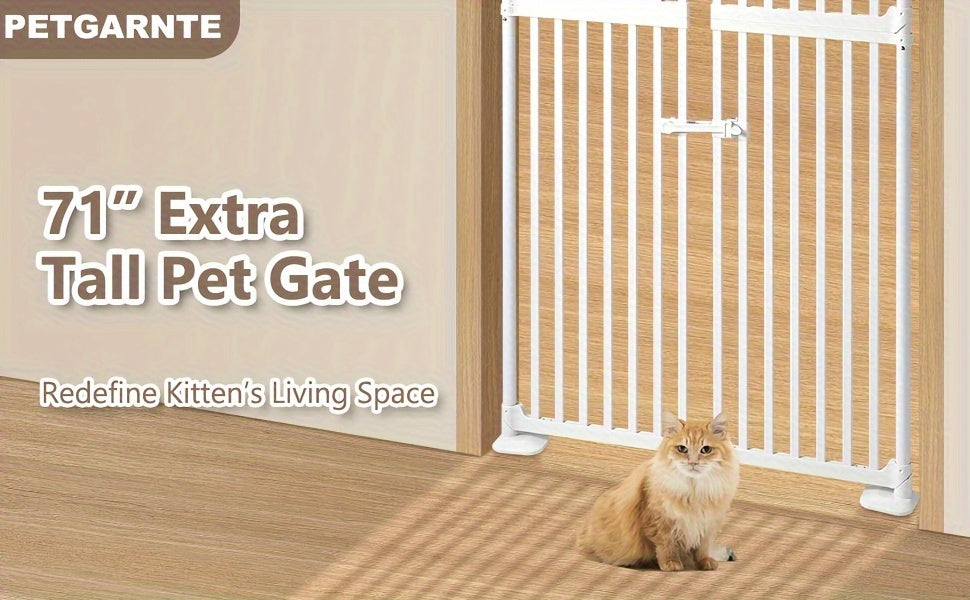 71" Extra Tall Auto Close Cat Safety Gate - Wide 33.86-35.43" Adjustable, 1.34" Narrow Gap, No Drilling Pressure Mount, Double Opening Innovation Pet Gate in Cream White