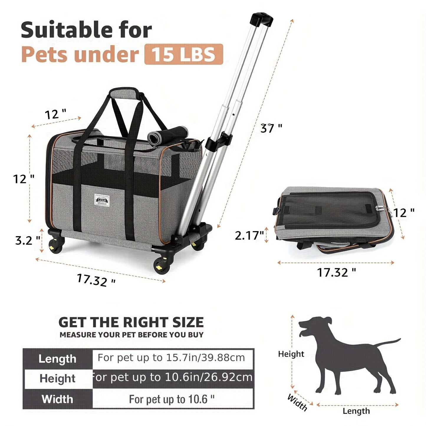 Pet Travel Carrier - Expandable, Airline Approved, Under Seat Compatible, Detachable Wheels, Adjustable Handle, Polyester Dog & Cat Carrier for Easy Travel