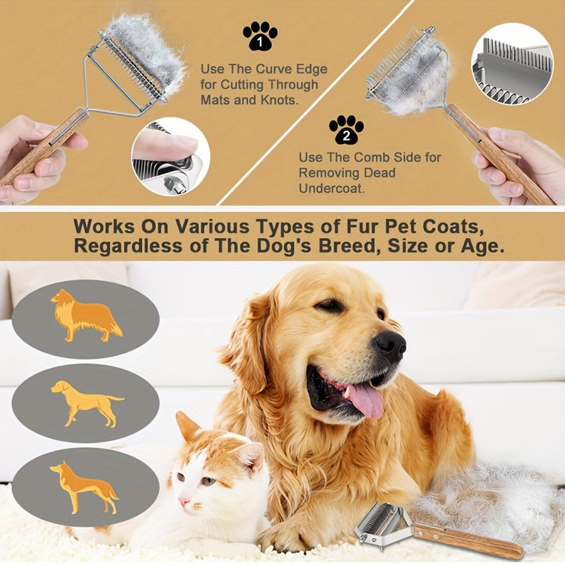 2-in-1 Dematting Comb and Deshedding Brush - Gentle Grooming Tool for Long and Medium Haired Dogs and Cats - Removes Tangles, Loose Hair, and Undercoat - Stainless Steel with Ergonomic Wooden Handle for Easy Grip