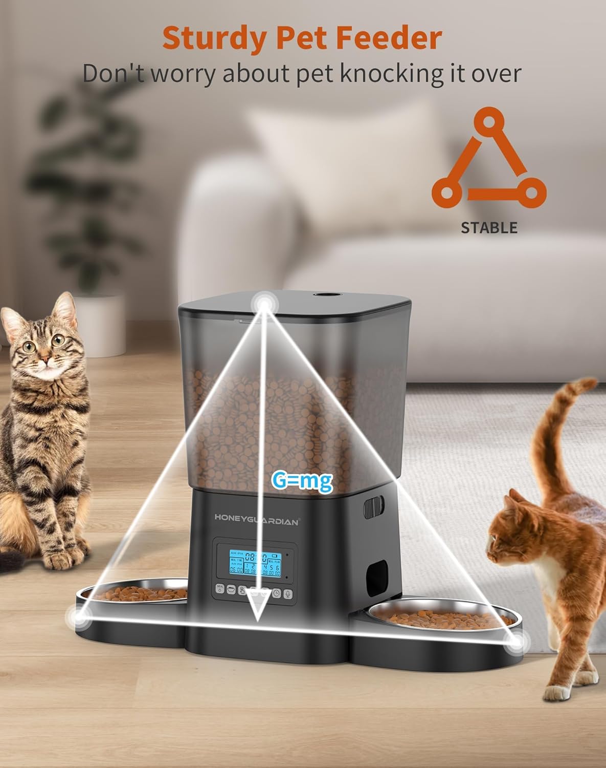 HONEYGUARDIAN Automatic Pet Feeder for 2 Cats 3.5L, Cat Food Dispenser with Stainless Steel Bowl,Timed Cat Feeder for Dry Food Programmable 1-6 Meals Control,Desiccant Bag,10s Meal Call Black and White