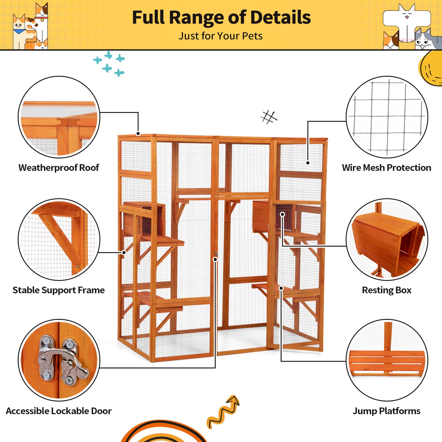 71Inches Large Cat House Outdoor&Indoor Catio - Cat Play & Run Enclosures Indoor Kitty Window Cage with Waterproof Roof, 7 Platforms & 2 Resting Box, UV Resistant Orange/Grey/Gothic