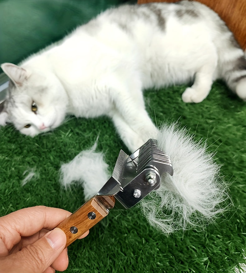 2-in-1 Dematting Comb and Deshedding Brush - Gentle Grooming Tool for Long and Medium Haired Dogs and Cats - Removes Tangles, Loose Hair, and Undercoat - Stainless Steel with Ergonomic Wooden Handle for Easy Grip