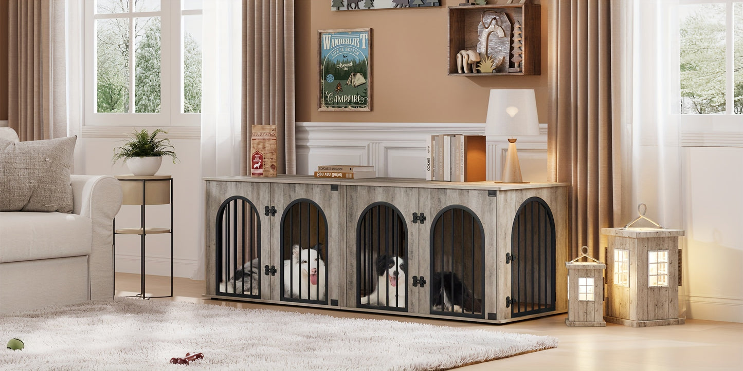 Dog Crate Furniture, 71" Heavy Duty Dog Kennels With Divider, Pads, Side Table, TV Cabinet, Wooden Dog Crate Furniture For 2 Dogs, Small/Medium/Large Dog, Anti-Chew, Anti-Escape Black Gold/Greige/White/White Brown