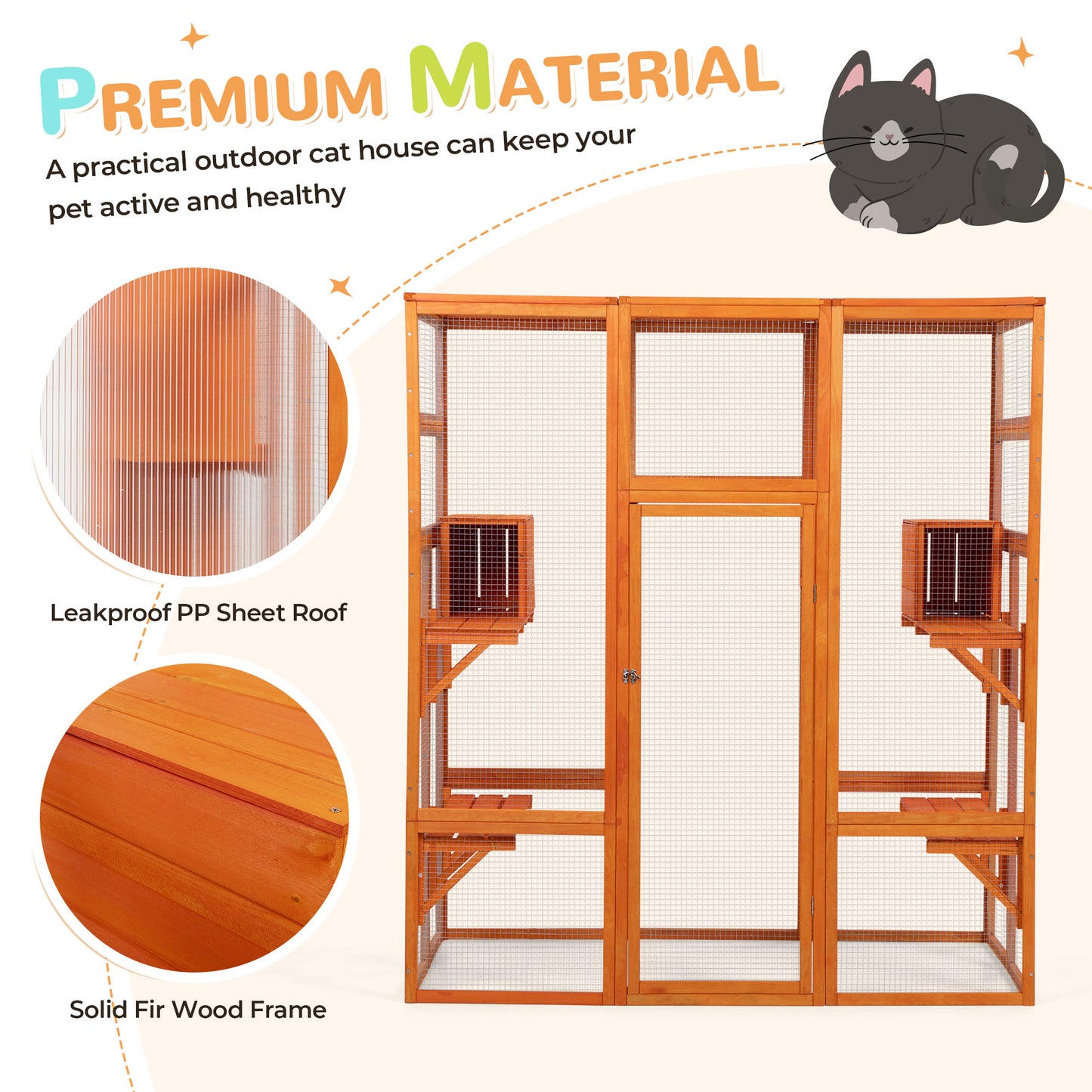 71Inches Large Cat House Outdoor&Indoor Catio - Cat Play & Run Enclosures Indoor Kitty Window Cage with Waterproof Roof, 7 Platforms & 2 Resting Box, UV Resistant Orange/Grey/Gothic