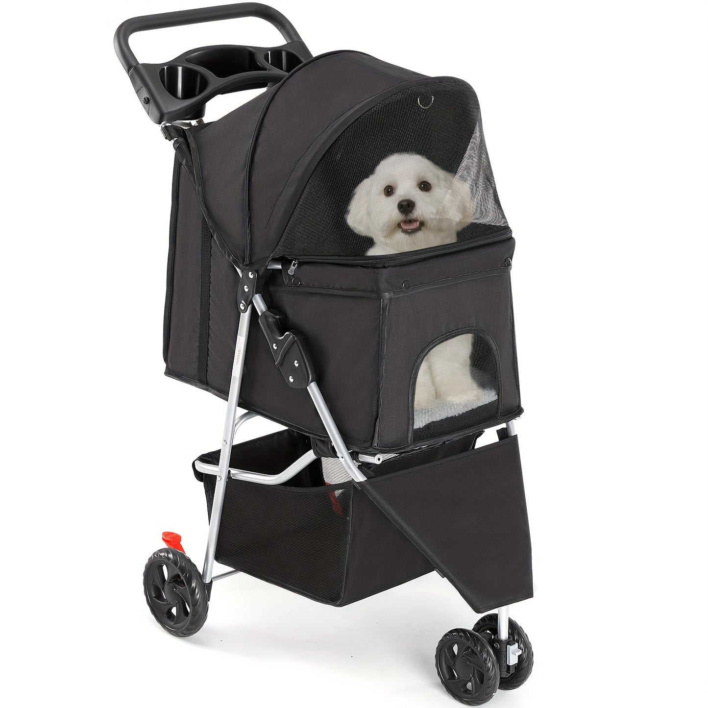 JHK Pet Stroller - Durable 3-Wheel Foldable Carrier with Metal Frame, Breathable Fabric, Wheel Lock, Cup Holder, Detachable Liner and Perfect for Outdoor Adventures with Small and Medium Cats and Dogs