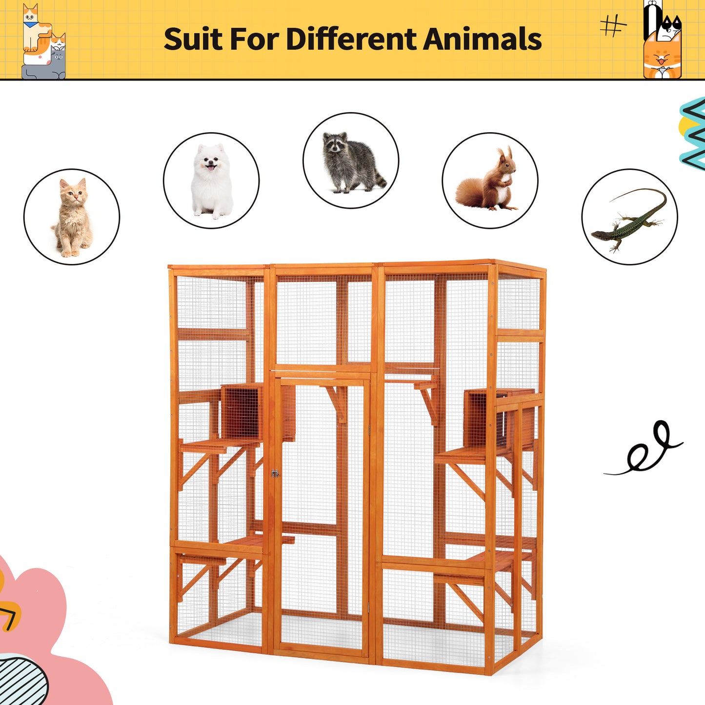 71Inches Large Cat House Outdoor&Indoor Catio - Cat Play & Run Enclosures Indoor Kitty Window Cage with Waterproof Roof, 7 Platforms & 2 Resting Box, UV Resistant Orange/Grey/Gothic