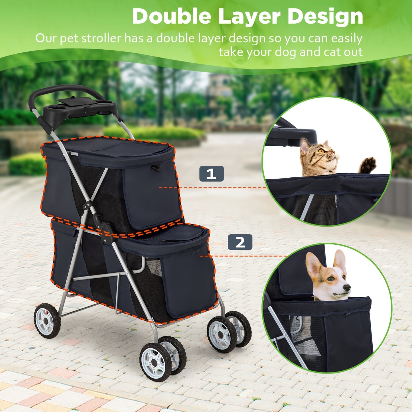 Pet Stroller Wagon - Spacious Double-Layer, Waterproof, Breathable, Folding Design with Mesh Window, Cup Holder, and Travel Bag for Small to Medium-Sized Cats and Dogs - Ideal for Camping, Transport, and Outdoor Adventures