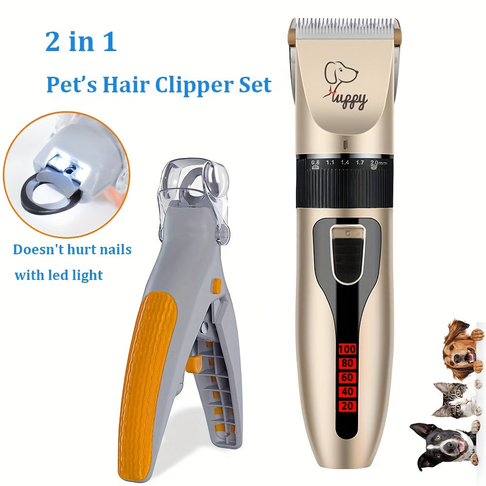 2-in-1 Deluxe Pet Grooming Kit - Quiet Electric Trimmer and LED Nail Clipper with Ergonomic Handle for Easy Dog and Cat Grooming at Home or Salon - Premium Quality, Non-Slip Grip, and LED Light for Precise Trimming