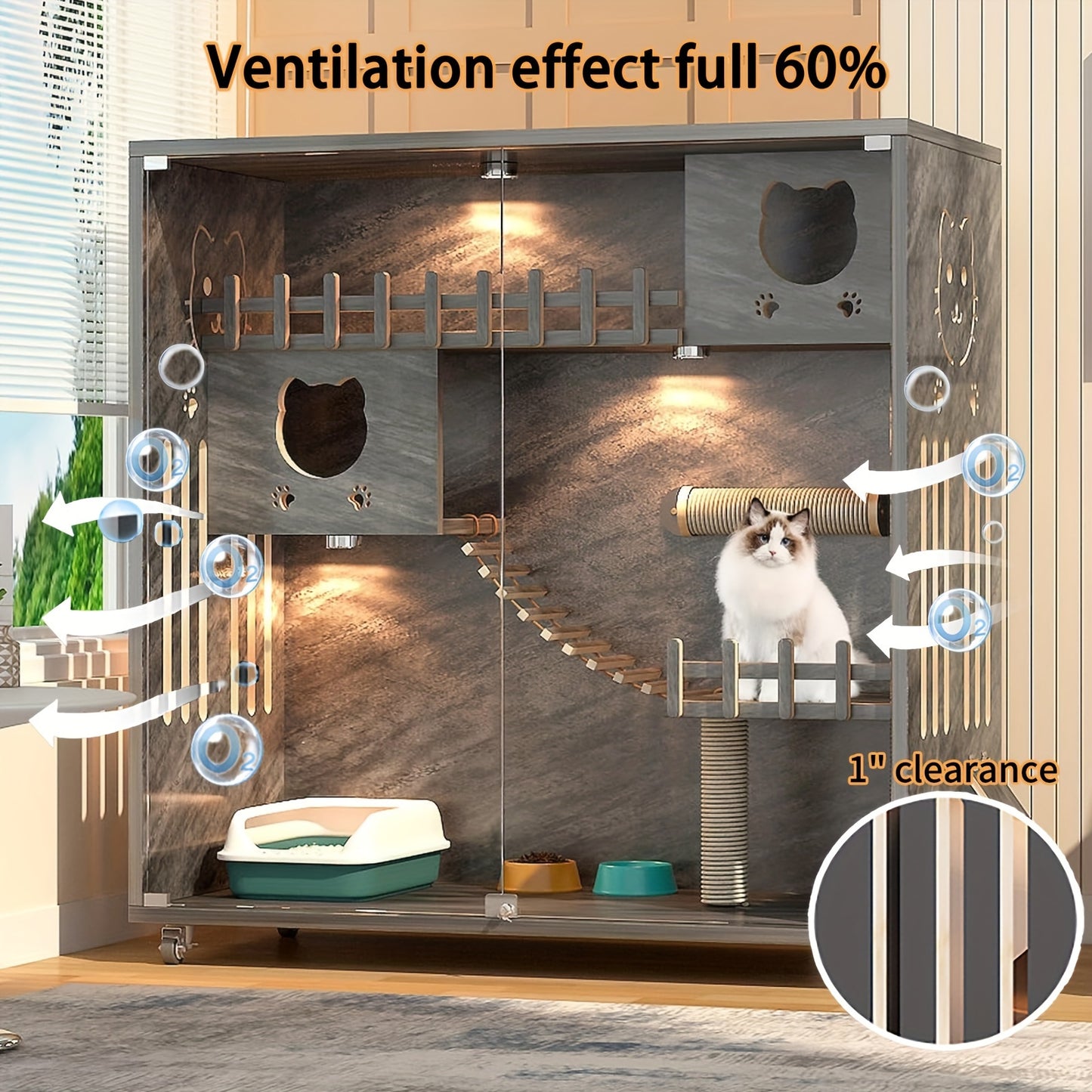 Spacious 50" x 48" x 24" Wooden Multi-Feature Cat Condo - Cat Houses & Condos with Scratching Posts, Wheels, Ventilation, and Enclosed Space for Outdoor/Indoor Cats