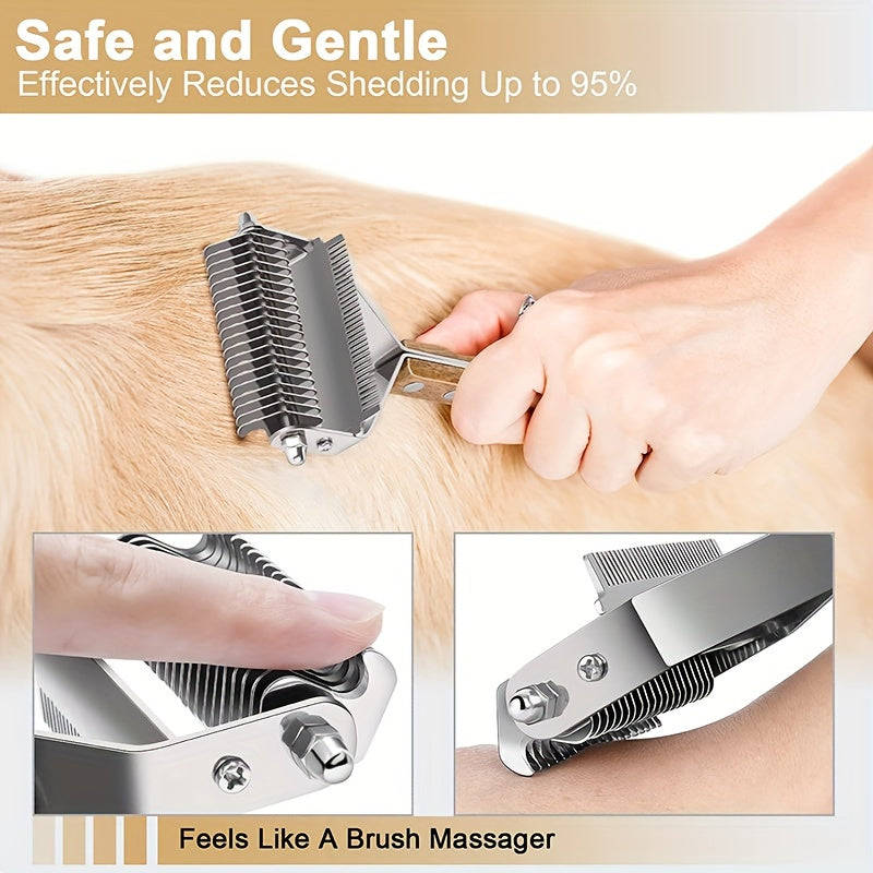 2-in-1 Dematting Comb and Deshedding Brush - Gentle Grooming Tool for Long and Medium Haired Dogs and Cats - Removes Tangles, Loose Hair, and Undercoat - Stainless Steel with Ergonomic Wooden Handle for Easy Grip