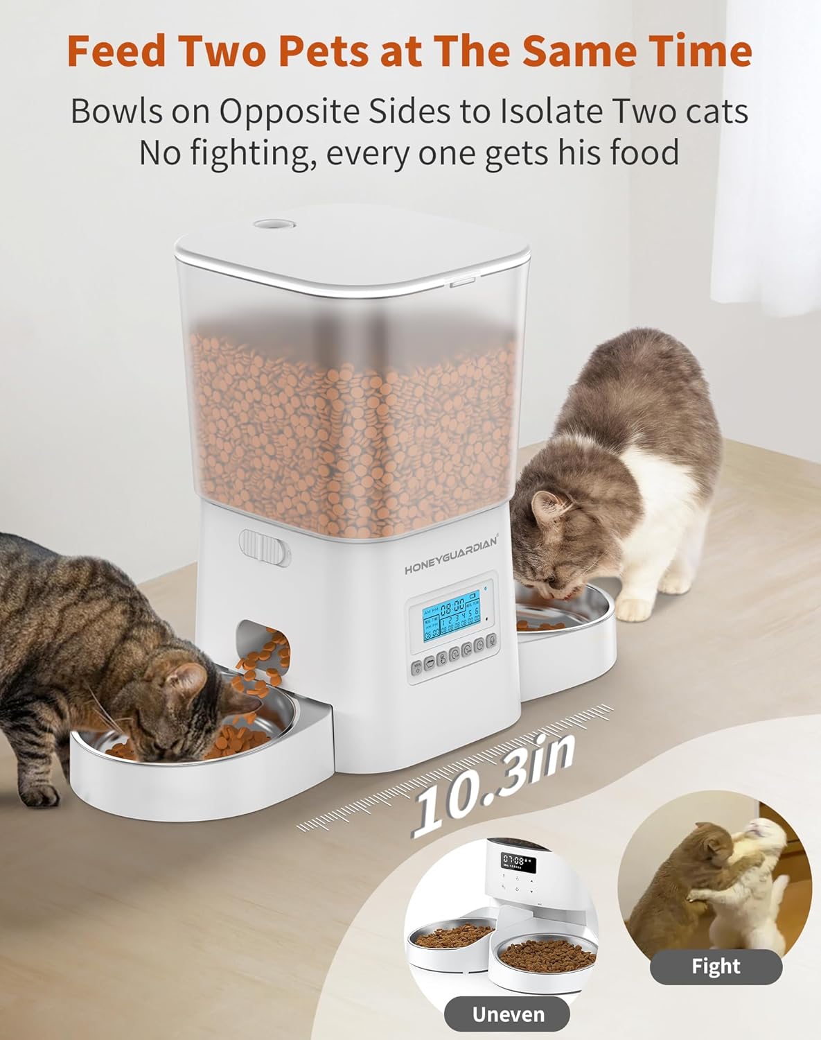 HONEYGUARDIAN Automatic Pet Feeder for 2 Cats 3.5L, Cat Food Dispenser with Stainless Steel Bowl,Timed Cat Feeder for Dry Food Programmable 1-6 Meals Control,Desiccant Bag,10s Meal Call Black and White