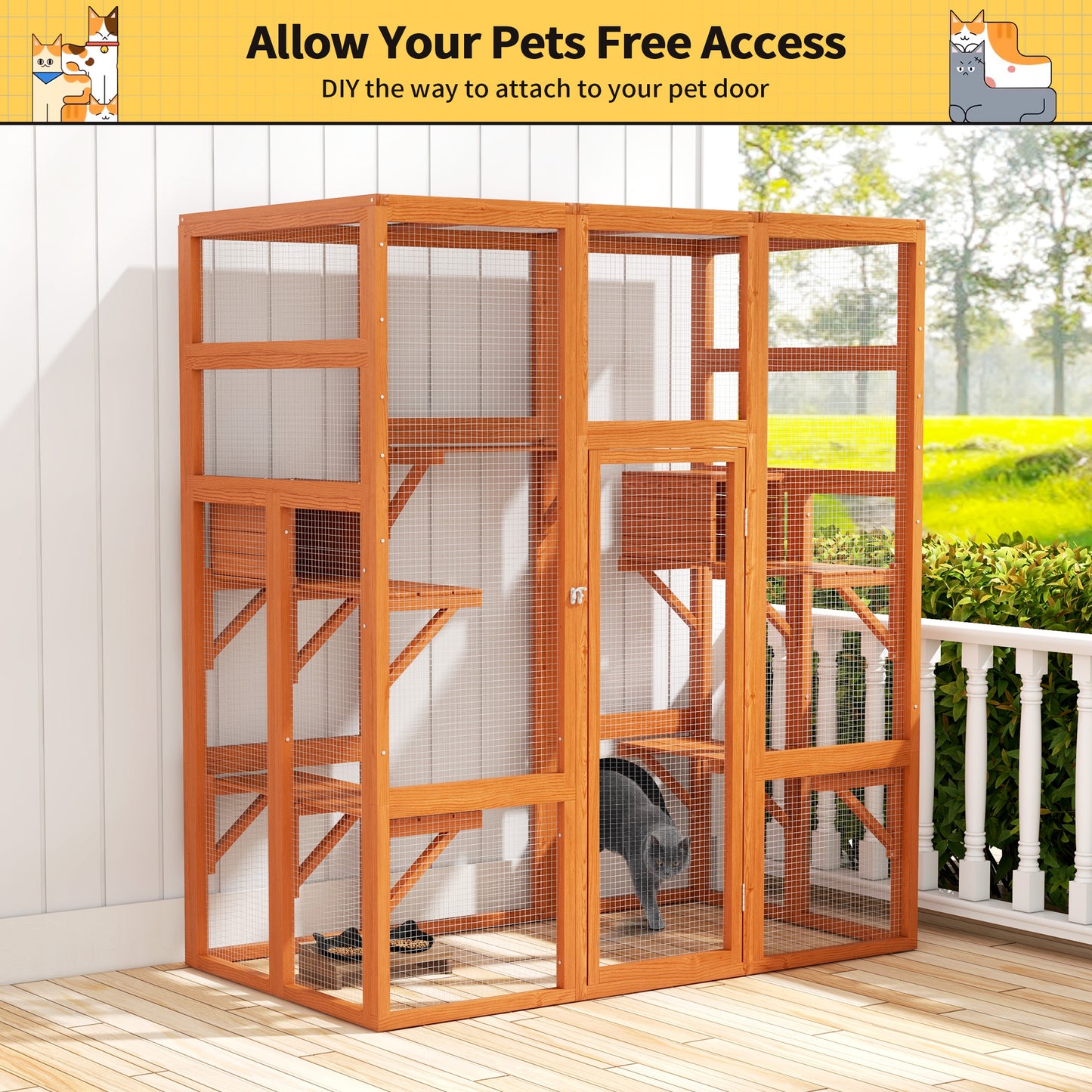 71Inches Large Cat House Outdoor&Indoor Catio - Cat Play & Run Enclosures Indoor Kitty Window Cage with Waterproof Roof, 7 Platforms & 2 Resting Box, UV Resistant Orange/Grey/Gothic