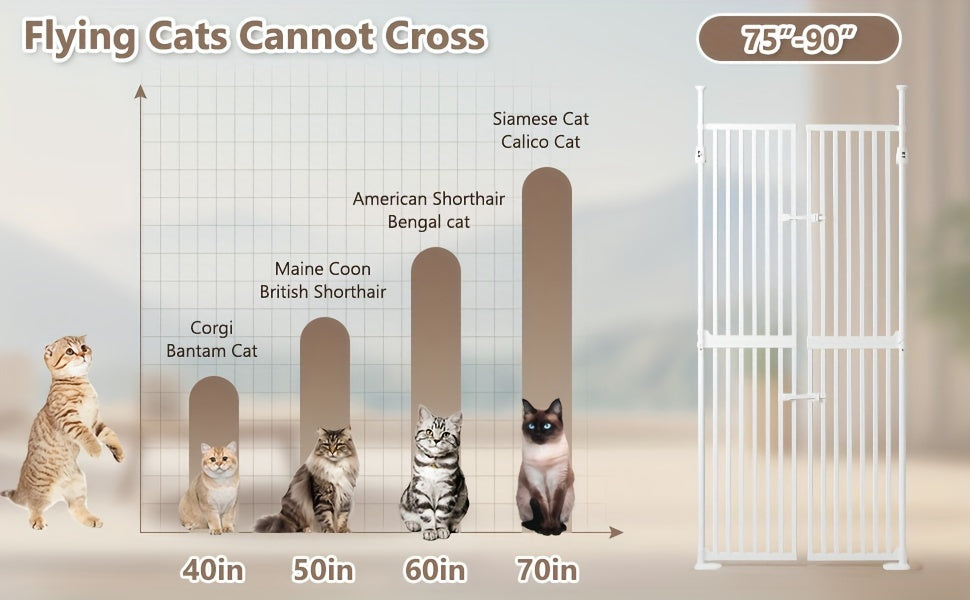 71" Extra Tall Auto Close Cat Safety Gate - Wide 33.86-35.43" Adjustable, 1.34" Narrow Gap, No Drilling Pressure Mount, Double Opening Innovation Pet Gate in Cream White