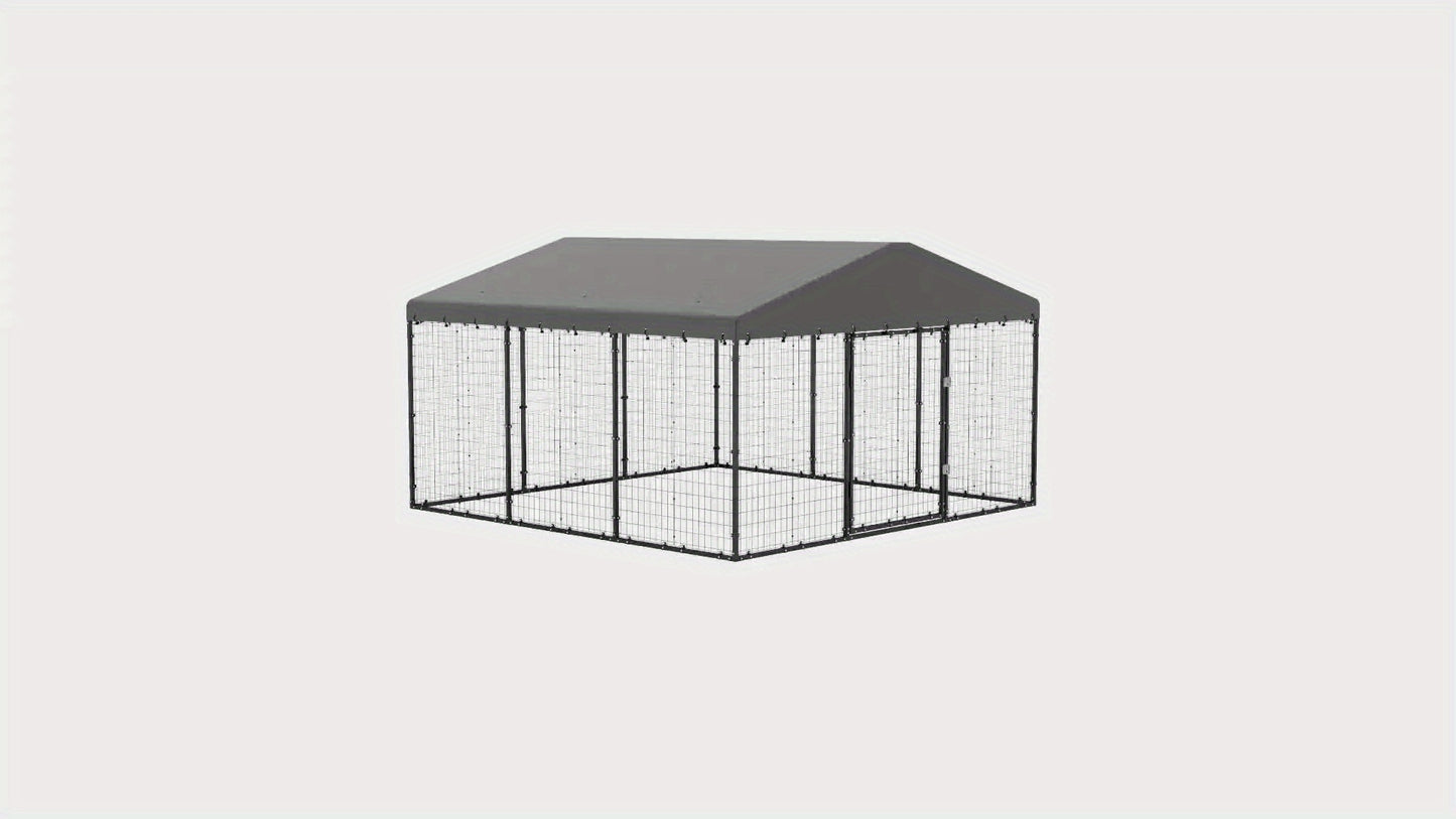 Large Outdoor Dog Kennel, Heavy Duty Dog Cage With Roof, Steel Dog Kennel With Waterproof UV-Resistant Cover And Double Safety Locks, W 118" X D 118" X H 70.9"