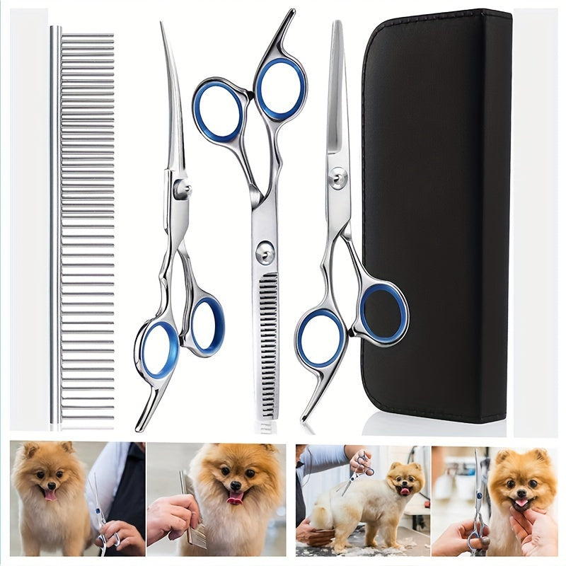 Premium Dog & Cat Grooming Scissors Kit - Professional, Safety Round Tip Stainless Steel Shears for Precise & Gentle Coat Care - Complete Set with No-Slip Grip for Easy Grooming at Home