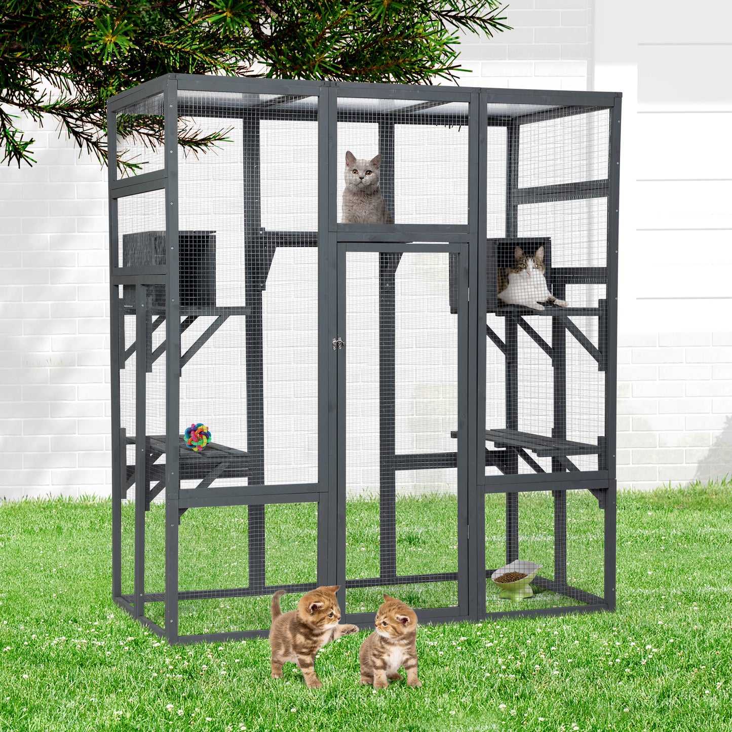 71Inches Large Cat House Outdoor&Indoor Catio - Cat Play & Run Enclosures Indoor Kitty Window Cage with Waterproof Roof, 7 Platforms & 2 Resting Box, UV Resistant Orange/Grey/Gothic