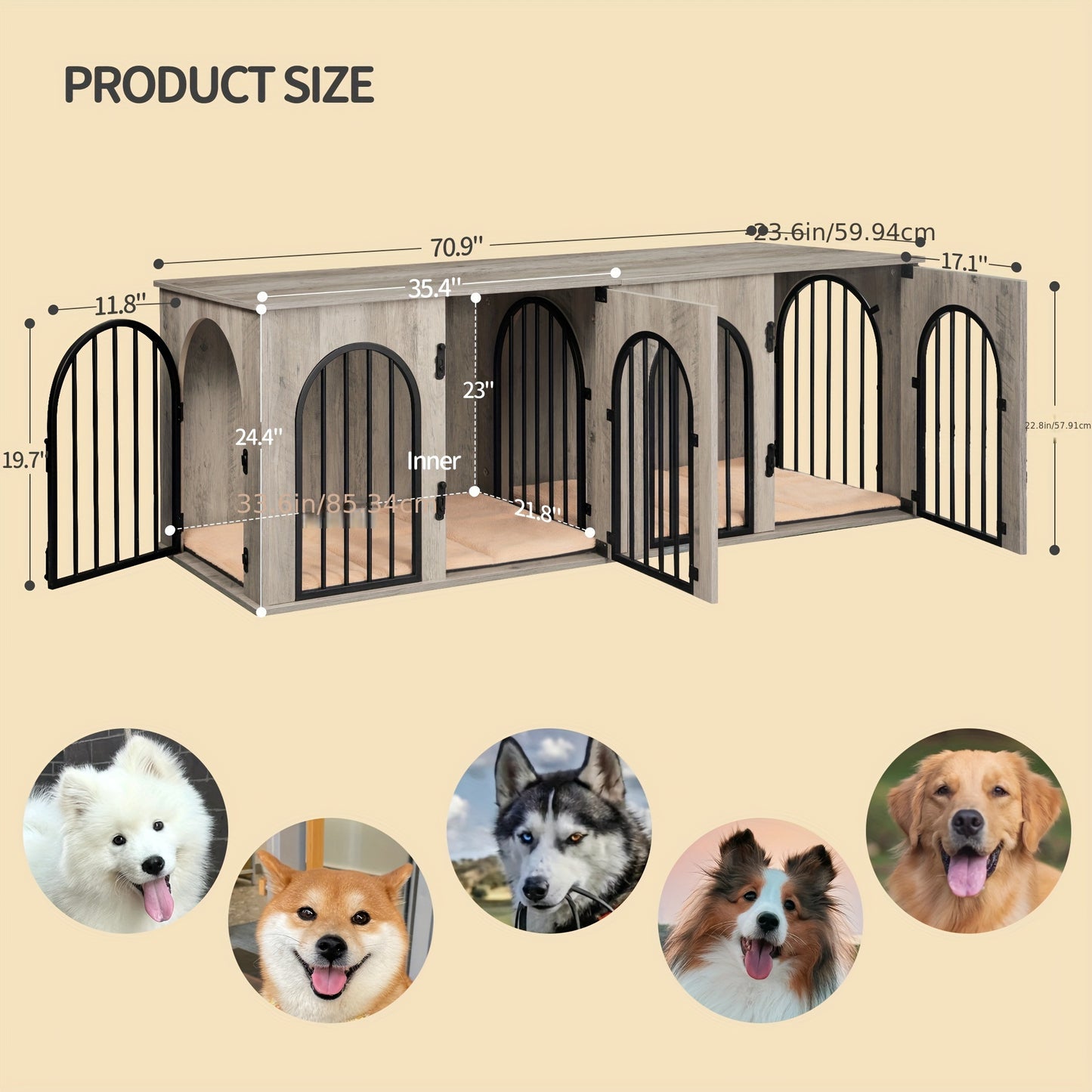 Dog Crate Furniture, 71" Heavy Duty Dog Kennels With Divider, Pads, Side Table, TV Cabinet, Wooden Dog Crate Furniture For 2 Dogs, Small/Medium/Large Dog, Anti-Chew, Anti-Escape Black Gold/Greige/White/White Brown