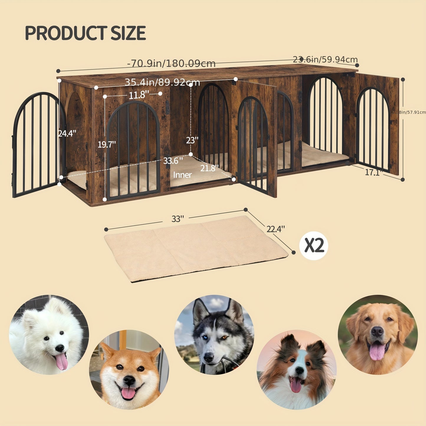 Dog Crate Furniture, 71" Heavy Duty Dog Kennels With Divider, Pads, Side Table, TV Cabinet, Wooden Dog Crate Furniture For 2 Dogs, Small/Medium/Large Dog, Anti-Chew, Anti-Escape Black Gold/Greige/White/White Brown