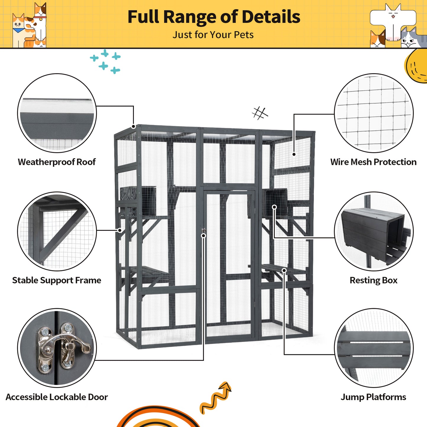 71Inches Large Cat House Outdoor&Indoor Catio - Cat Play & Run Enclosures Indoor Kitty Window Cage with Waterproof Roof, 7 Platforms & 2 Resting Box, UV Resistant Orange/Grey/Gothic