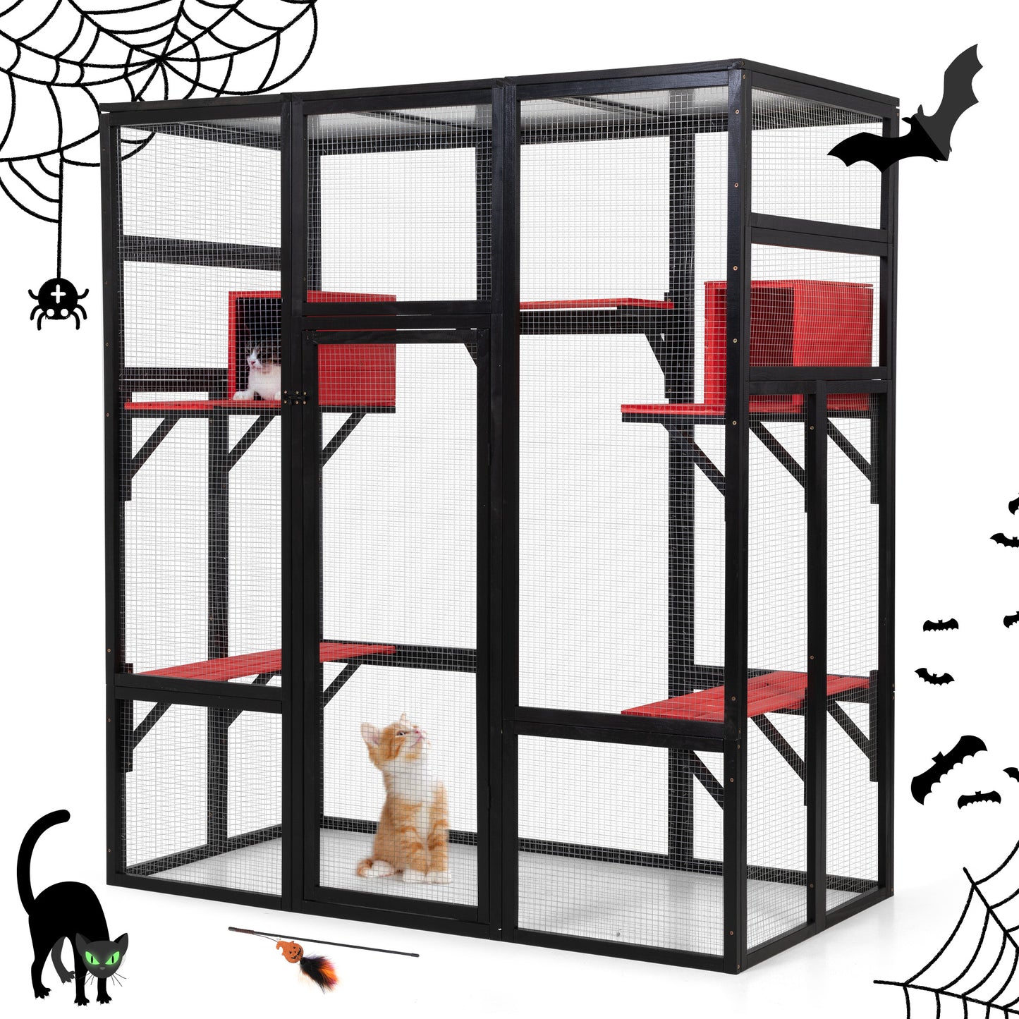 71Inches Large Cat House Outdoor&Indoor Catio - Cat Play & Run Enclosures Indoor Kitty Window Cage with Waterproof Roof, 7 Platforms & 2 Resting Box, UV Resistant Orange/Grey/Gothic