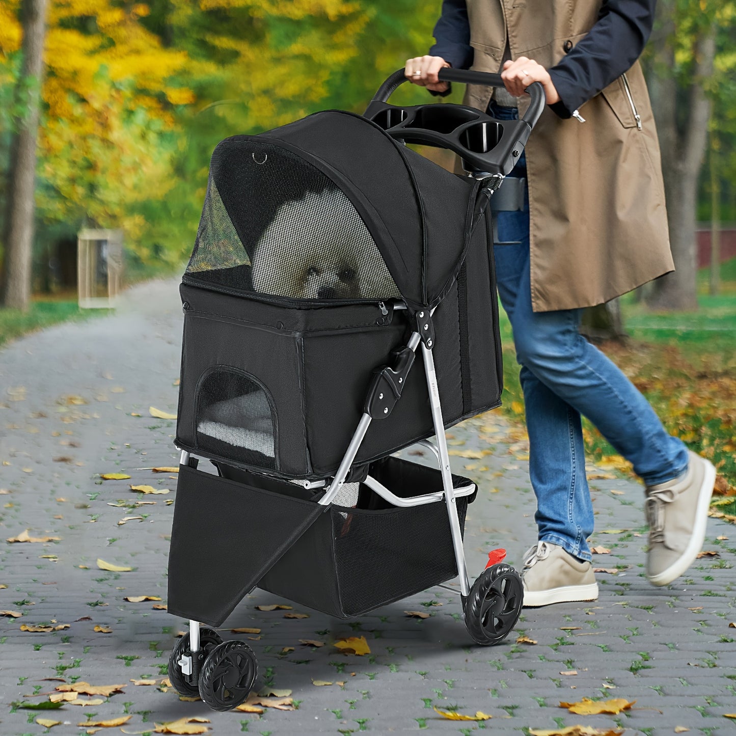 JHK Pet Stroller - Durable 3-Wheel Foldable Carrier with Metal Frame, Breathable Fabric, Wheel Lock, Cup Holder, Detachable Liner and Perfect for Outdoor Adventures with Small and Medium Cats and Dogs