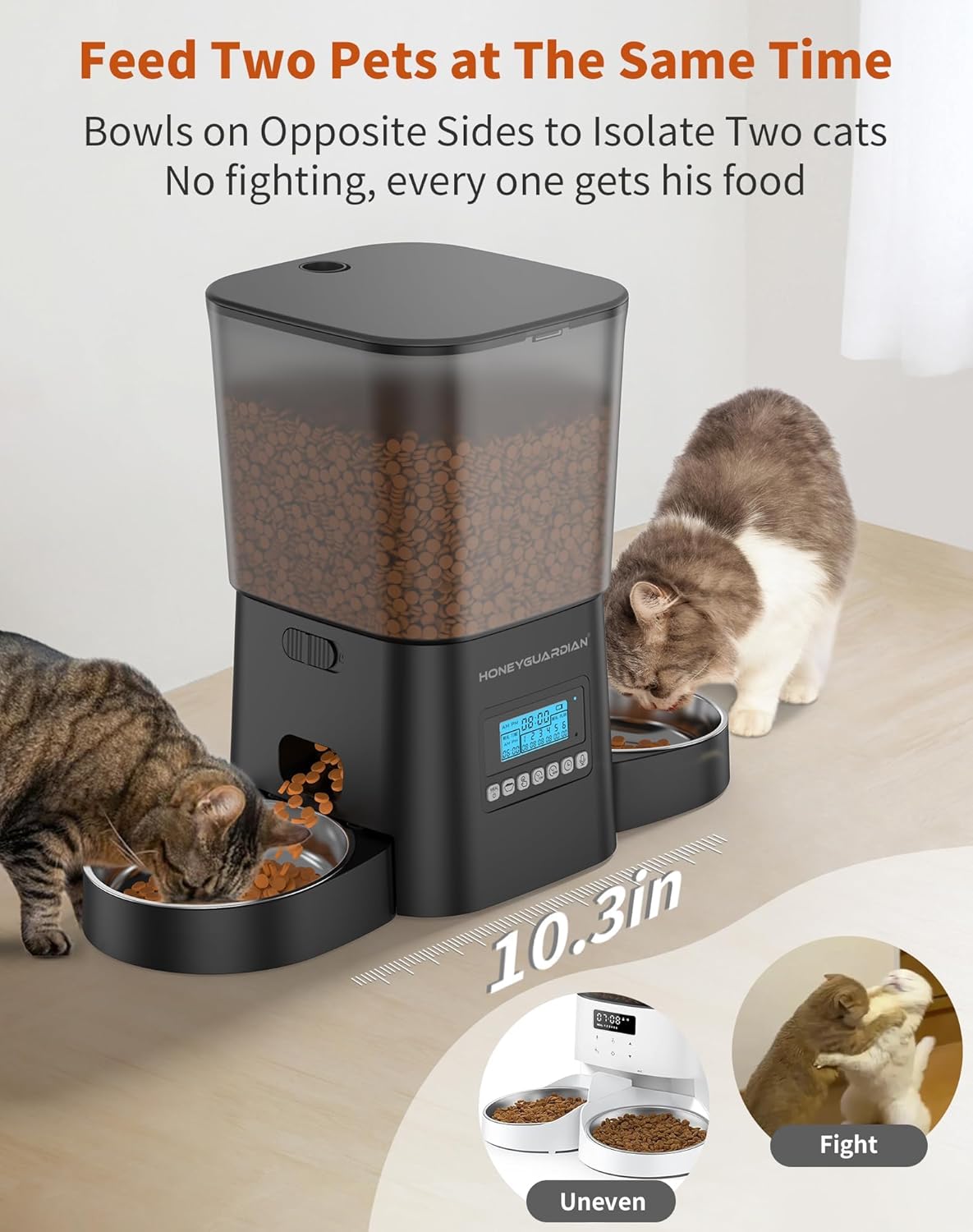 HONEYGUARDIAN Automatic Pet Feeder for 2 Cats 3.5L, Cat Food Dispenser with Stainless Steel Bowl,Timed Cat Feeder for Dry Food Programmable 1-6 Meals Control,Desiccant Bag,10s Meal Call Black and White