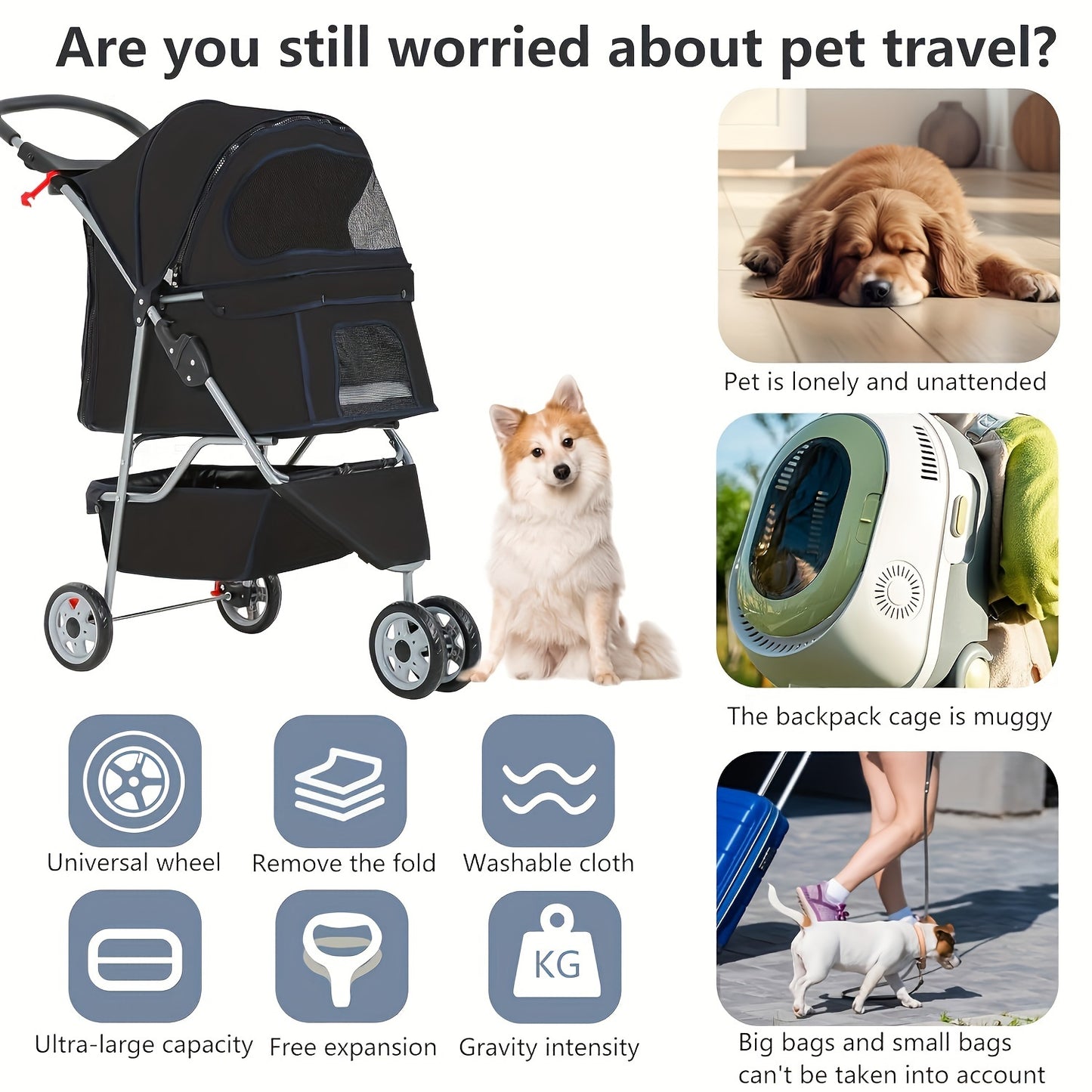 JHK Pet Stroller - Durable 3-Wheel Foldable Carrier with Metal Frame, Breathable Fabric, Wheel Lock, Cup Holder, Detachable Liner and Perfect for Outdoor Adventures with Small and Medium Cats and Dogs