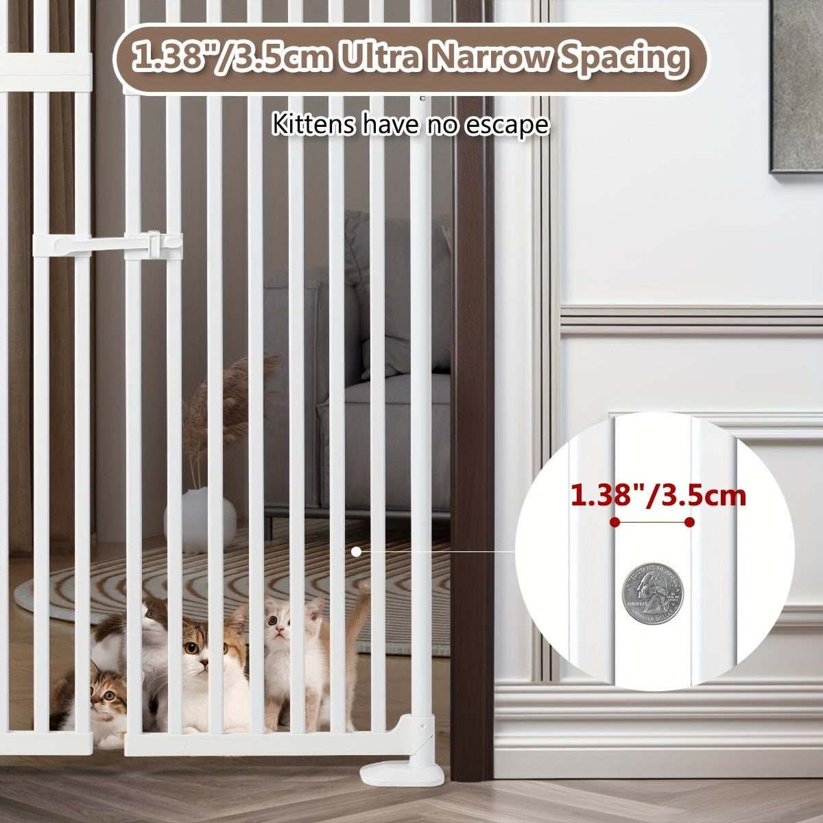 71" Extra Tall Auto Close Cat Safety Gate - Wide 33.86-35.43" Adjustable, 1.34" Narrow Gap, No Drilling Pressure Mount, Double Opening Innovation Pet Gate in Cream White