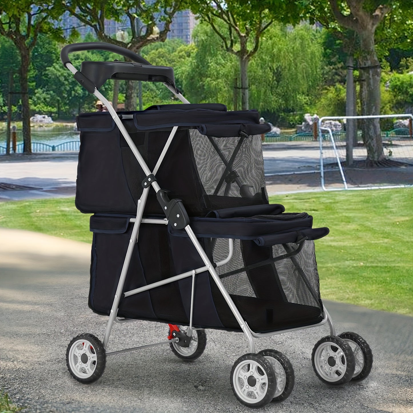 Pet Stroller Wagon - Spacious Double-Layer, Waterproof, Breathable, Folding Design with Mesh Window, Cup Holder, and Travel Bag for Small to Medium-Sized Cats and Dogs - Ideal for Camping, Transport, and Outdoor Adventures