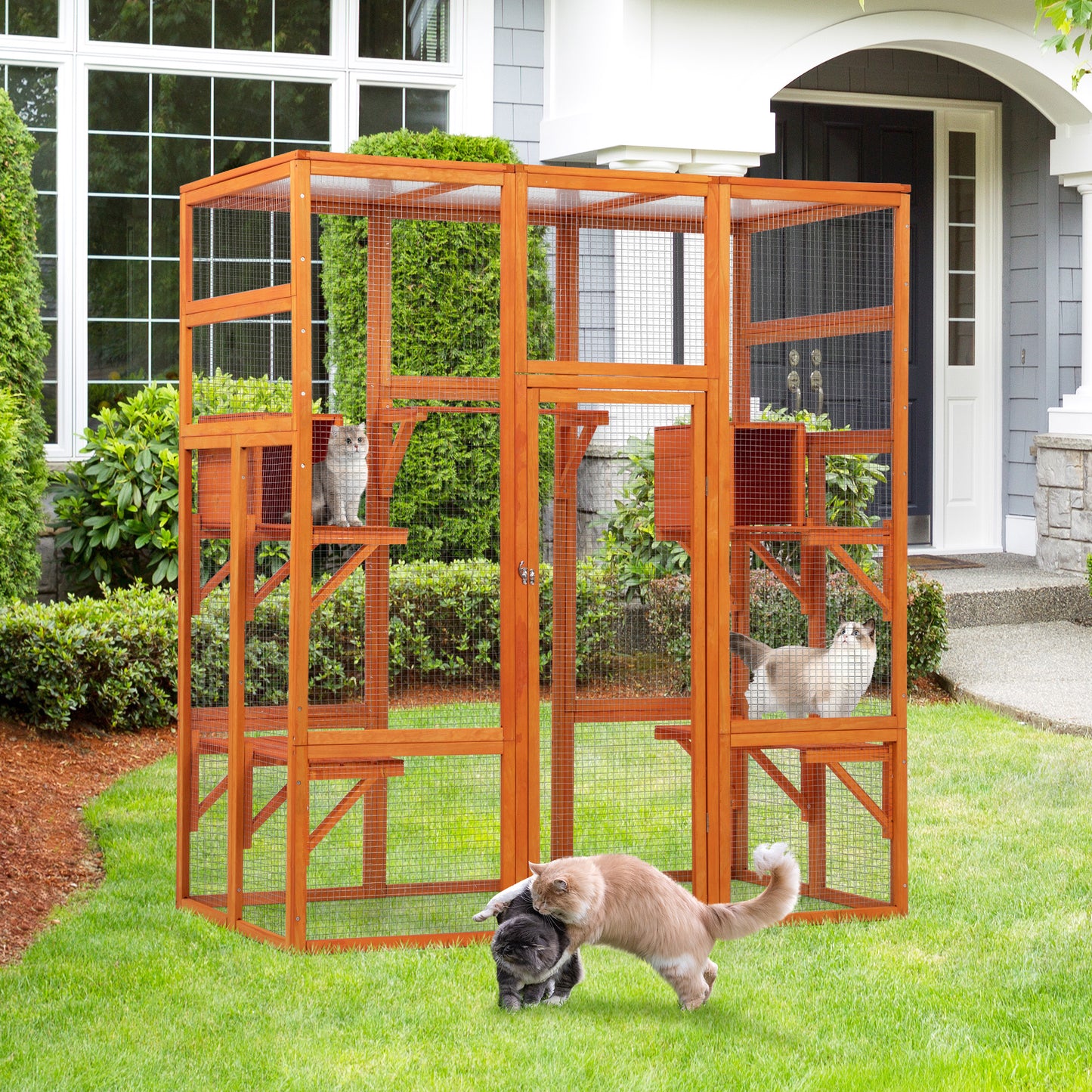 71Inches Large Cat House Outdoor&Indoor Catio - Cat Play & Run Enclosures Indoor Kitty Window Cage with Waterproof Roof, 7 Platforms & 2 Resting Box, UV Resistant Orange/Grey/Gothic