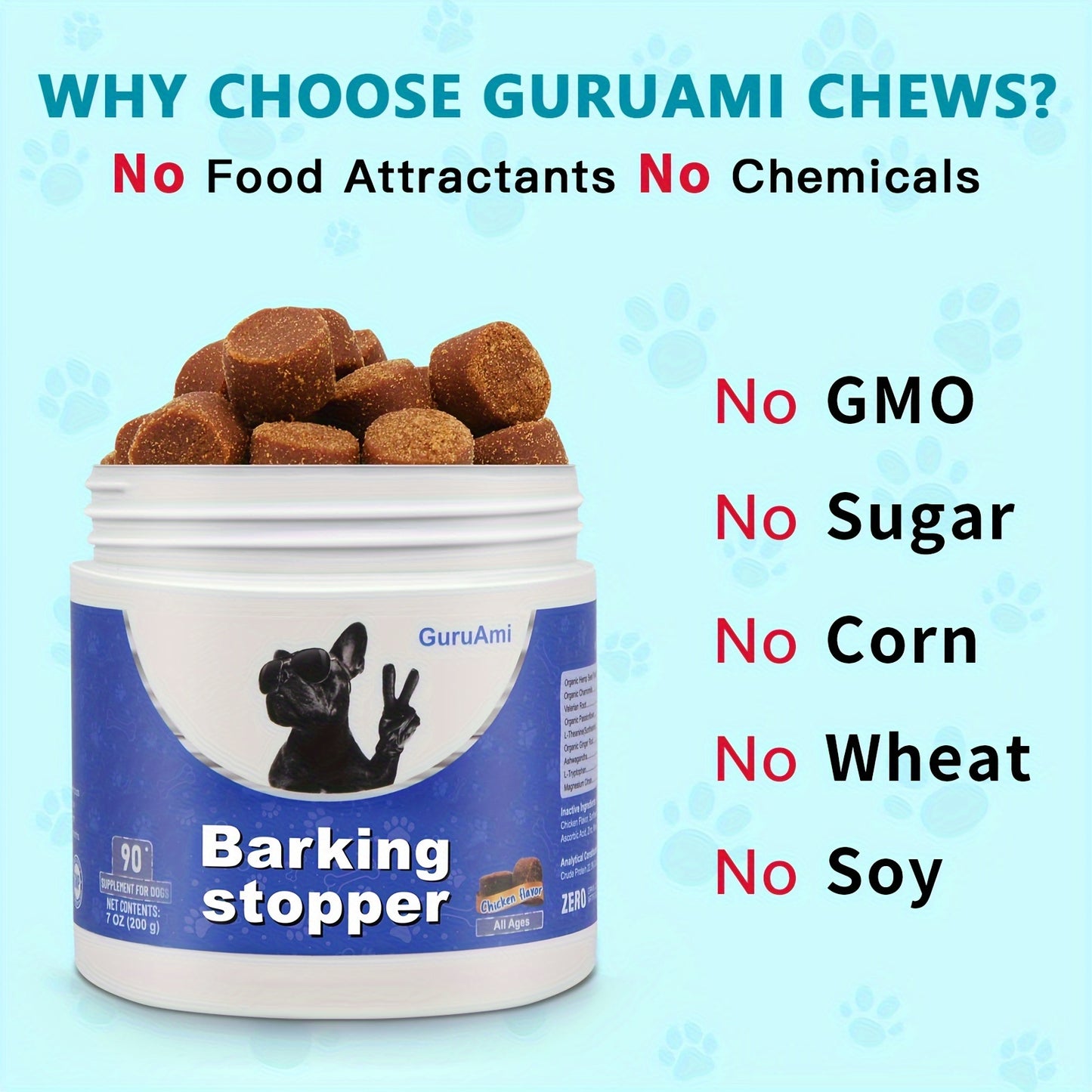 90-Count GuruAmi Calming Chews for Dogs - Soothes Anxiety and Stress, Aids Training, Travel, and Holidays, Suitable for All Breeds - Natural Supplement for Canine Companions