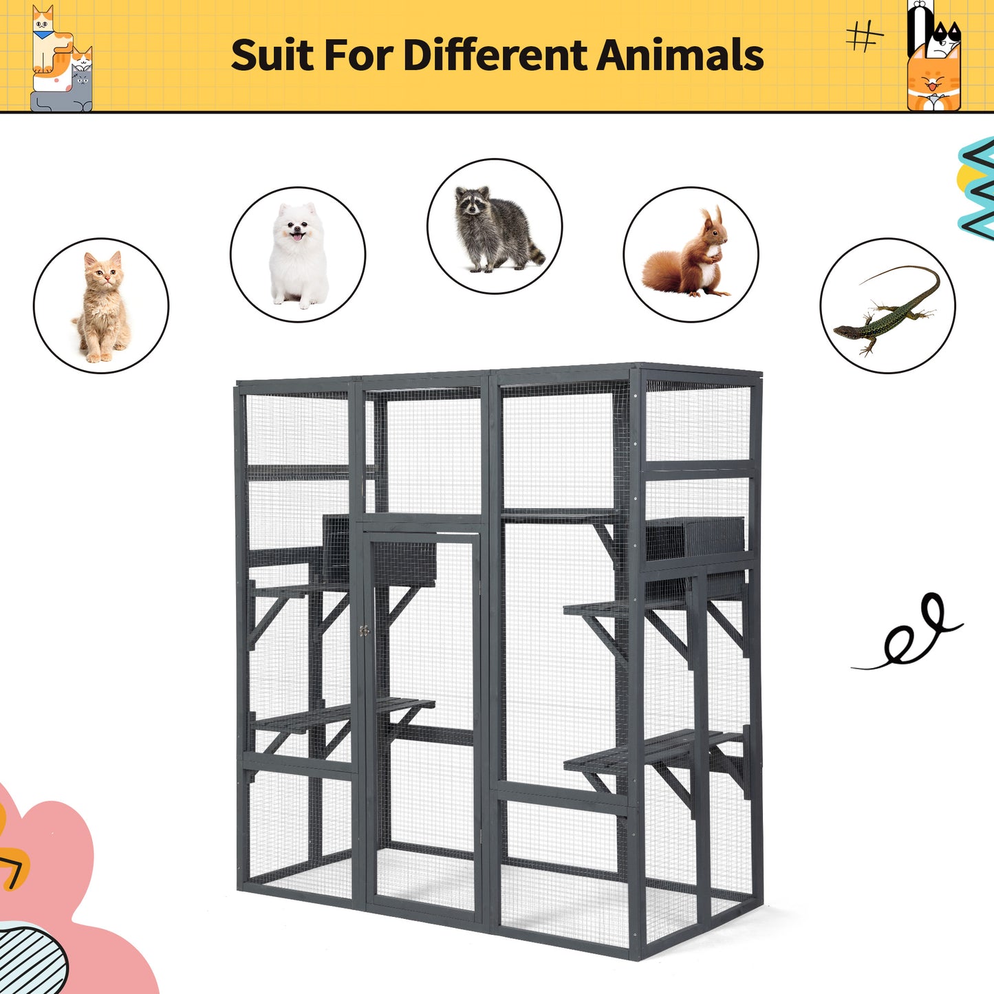 71Inches Large Cat House Outdoor&Indoor Catio - Cat Play & Run Enclosures Indoor Kitty Window Cage with Waterproof Roof, 7 Platforms & 2 Resting Box, UV Resistant Orange/Grey/Gothic