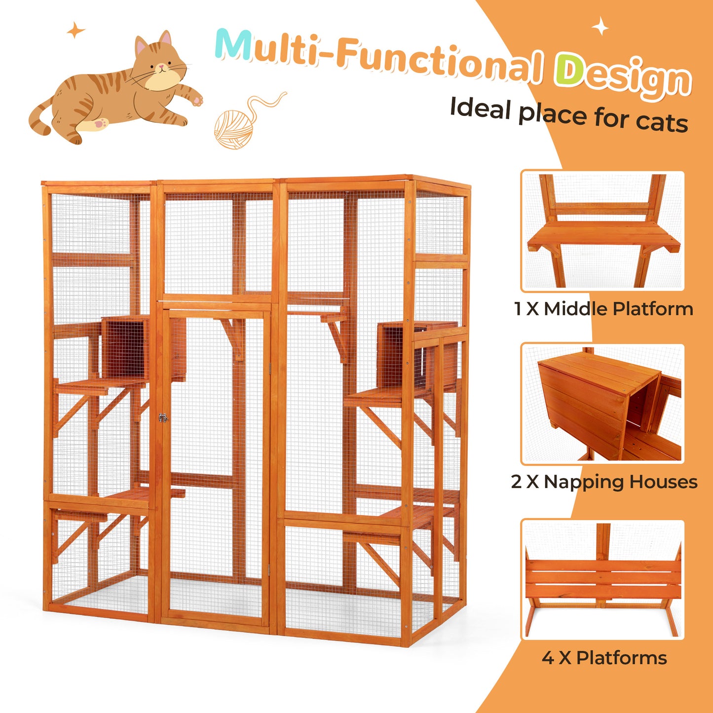 71Inches Large Cat House Outdoor&Indoor Catio - Cat Play & Run Enclosures Indoor Kitty Window Cage with Waterproof Roof, 7 Platforms & 2 Resting Box, UV Resistant Orange/Grey/Gothic