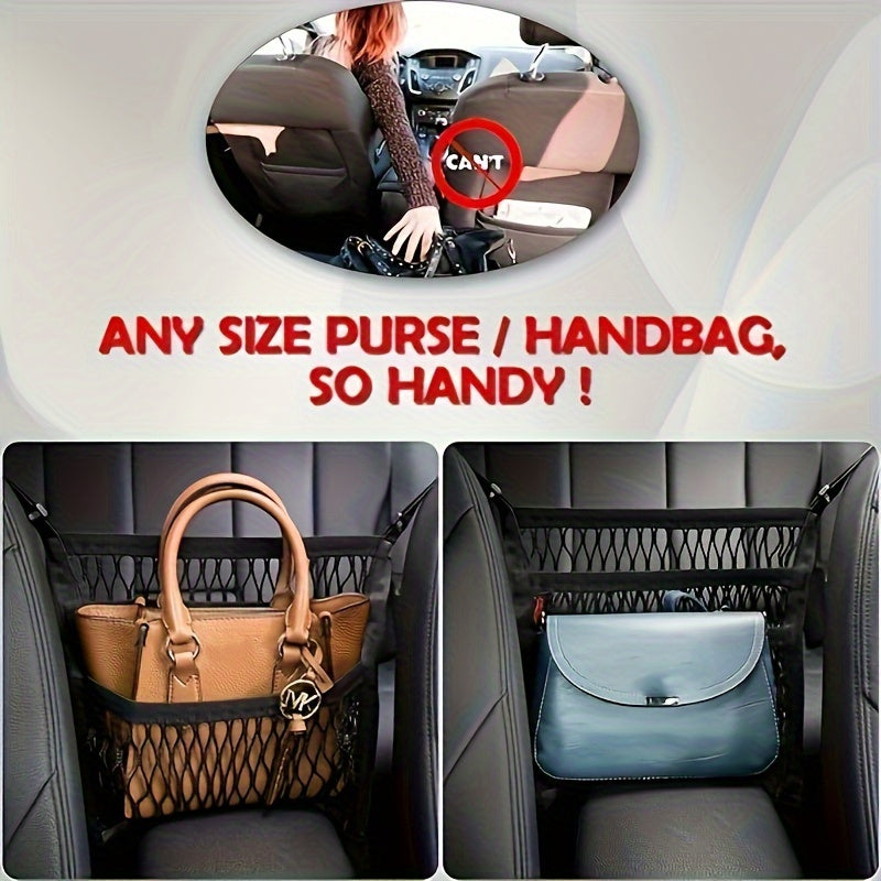 3-Layer Mesh Net Pocket Bag Car Storage Organizer - Adjustable Purse Holder, Handbag Holder, and Back Seat Pet Dog Barrier - Premium Car Accessories for Easy Storage and Organization