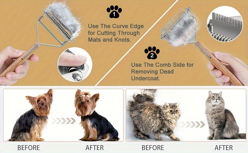 2-in-1 Dematting Comb and Deshedding Brush - Gentle Grooming Tool for Long and Medium Haired Dogs and Cats - Removes Tangles, Loose Hair, and Undercoat - Stainless Steel with Ergonomic Wooden Handle for Easy Grip