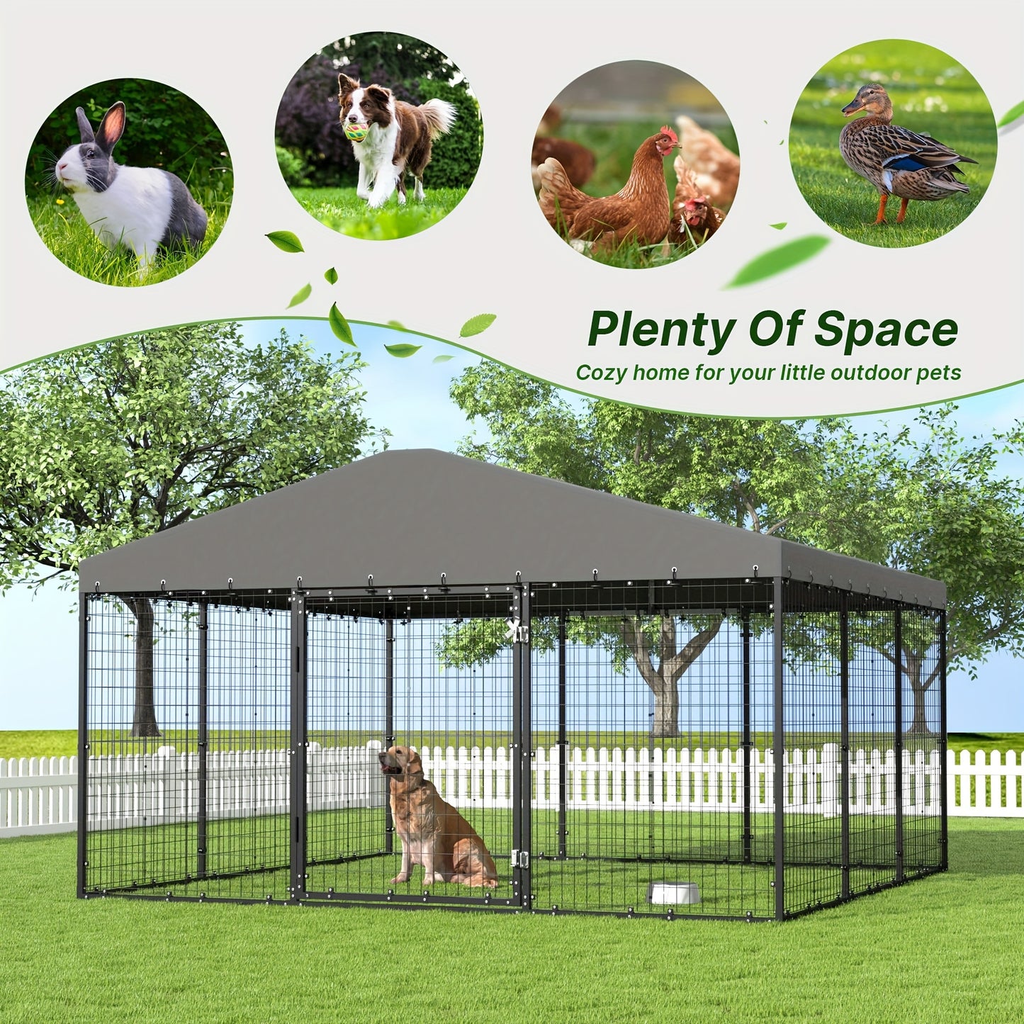 Large Outdoor Dog Kennel, Heavy Duty Dog Cage With Roof, Steel Dog Kennel With Waterproof UV-Resistant Cover And Double Safety Locks, W 118" X D 118" X H 70.9"