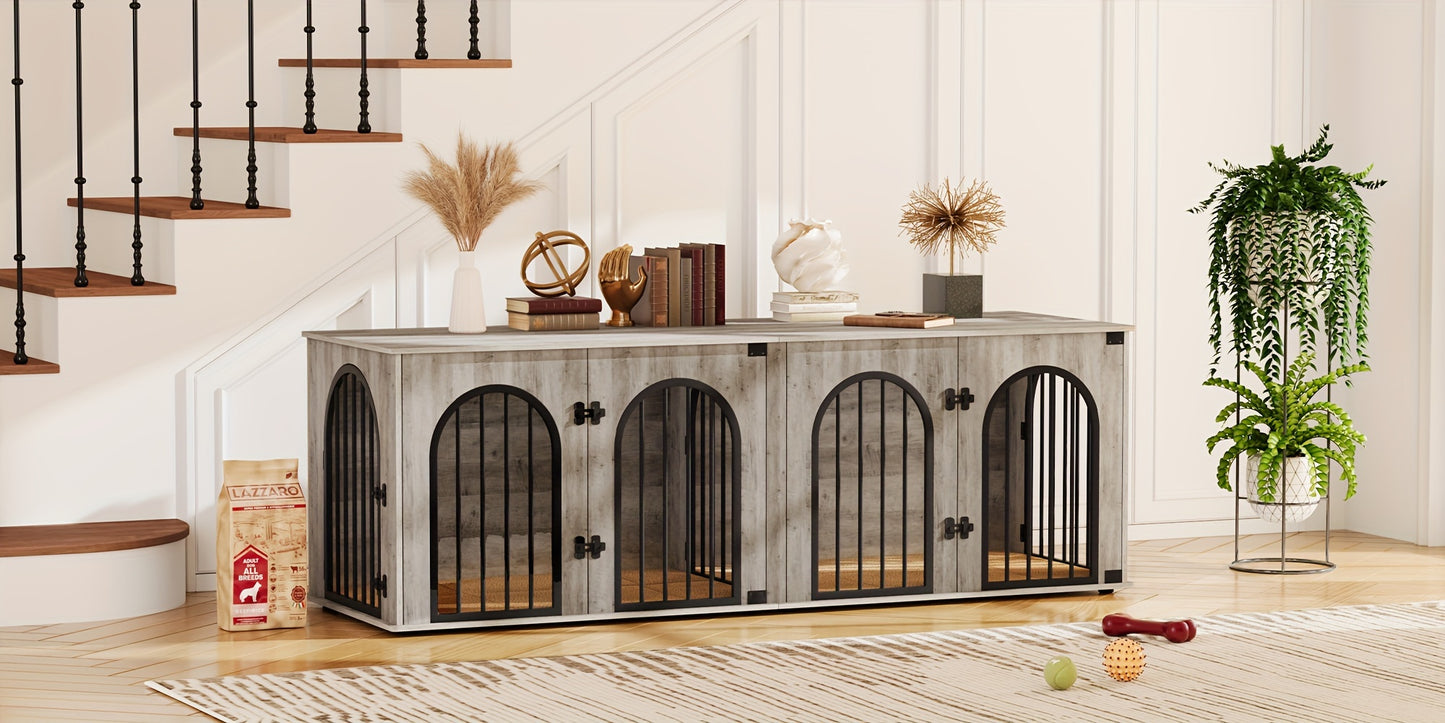 Dog Crate Furniture, 71" Heavy Duty Dog Kennels With Divider, Pads, Side Table, TV Cabinet, Wooden Dog Crate Furniture For 2 Dogs, Small/Medium/Large Dog, Anti-Chew, Anti-Escape Black Gold/Greige/White/White Brown