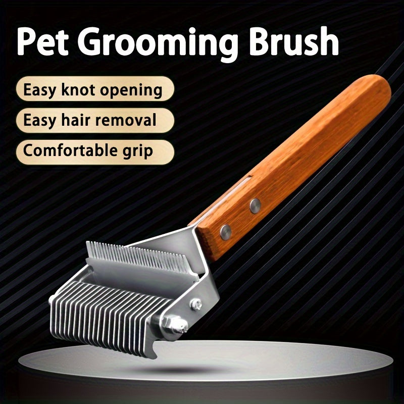 2-in-1 Dematting Comb and Deshedding Brush - Gentle Grooming Tool for Long and Medium Haired Dogs and Cats - Removes Tangles, Loose Hair, and Undercoat - Stainless Steel with Ergonomic Wooden Handle for Easy Grip