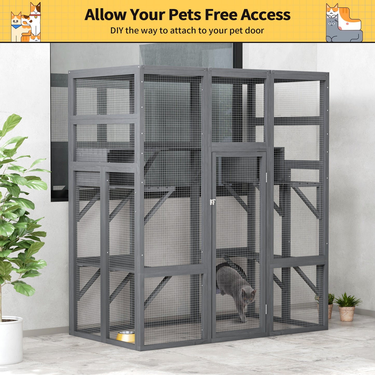 71Inches Large Cat House Outdoor&Indoor Catio - Cat Play & Run Enclosures Indoor Kitty Window Cage with Waterproof Roof, 7 Platforms & 2 Resting Box, UV Resistant Orange/Grey/Gothic